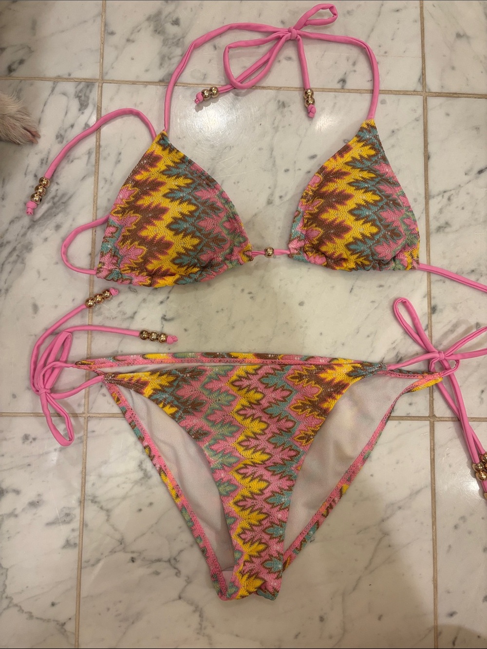 Missoni style Pink knit chevron String Bikini size XS
